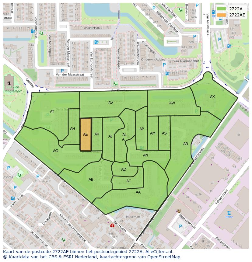 Afbeelding van het postcodegebied 2722 AE op de kaart.