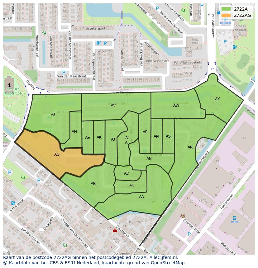 Afbeelding van het postcodegebied 2722 AG op de kaart.