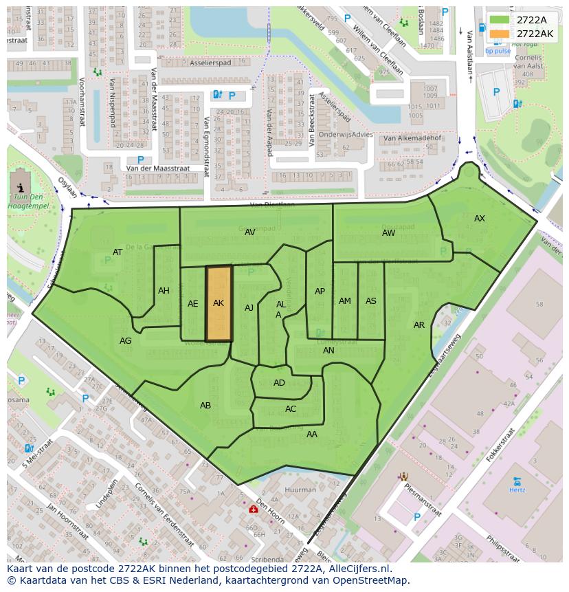 Afbeelding van het postcodegebied 2722 AK op de kaart.