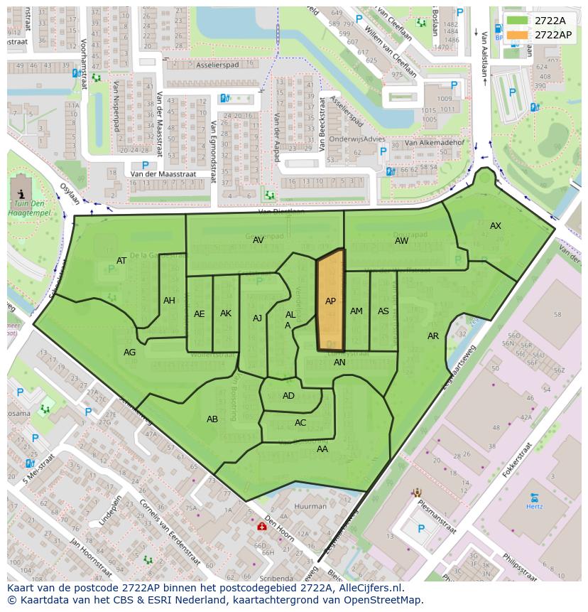 Afbeelding van het postcodegebied 2722 AP op de kaart.