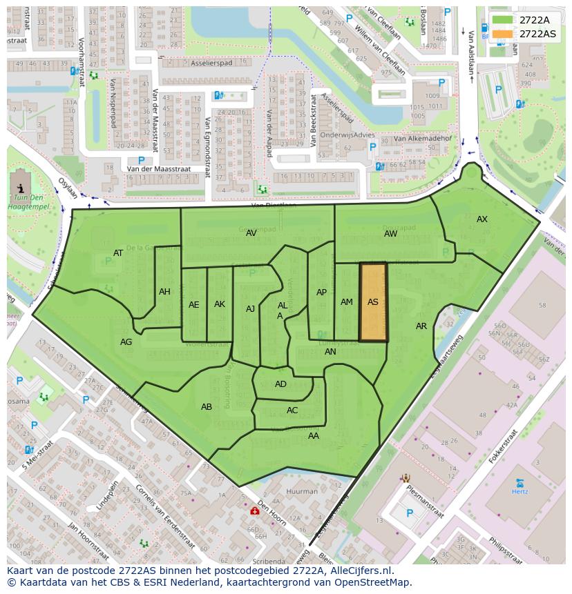 Afbeelding van het postcodegebied 2722 AS op de kaart.