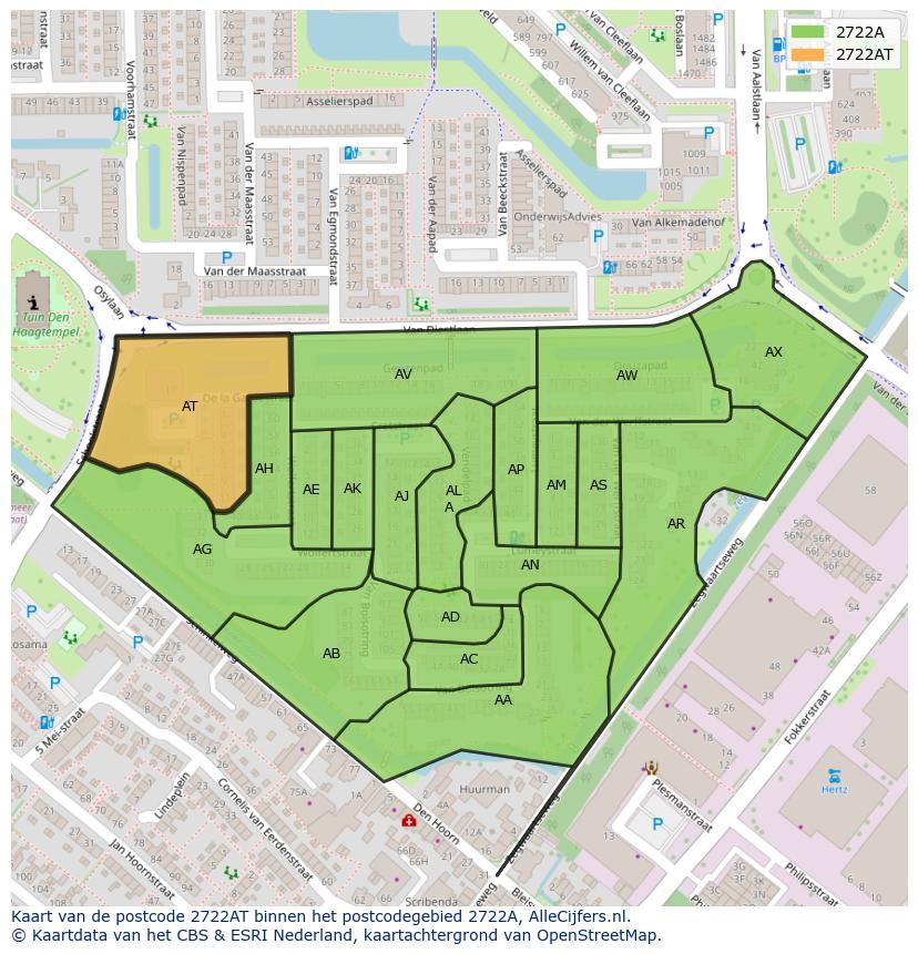 Afbeelding van het postcodegebied 2722 AT op de kaart.