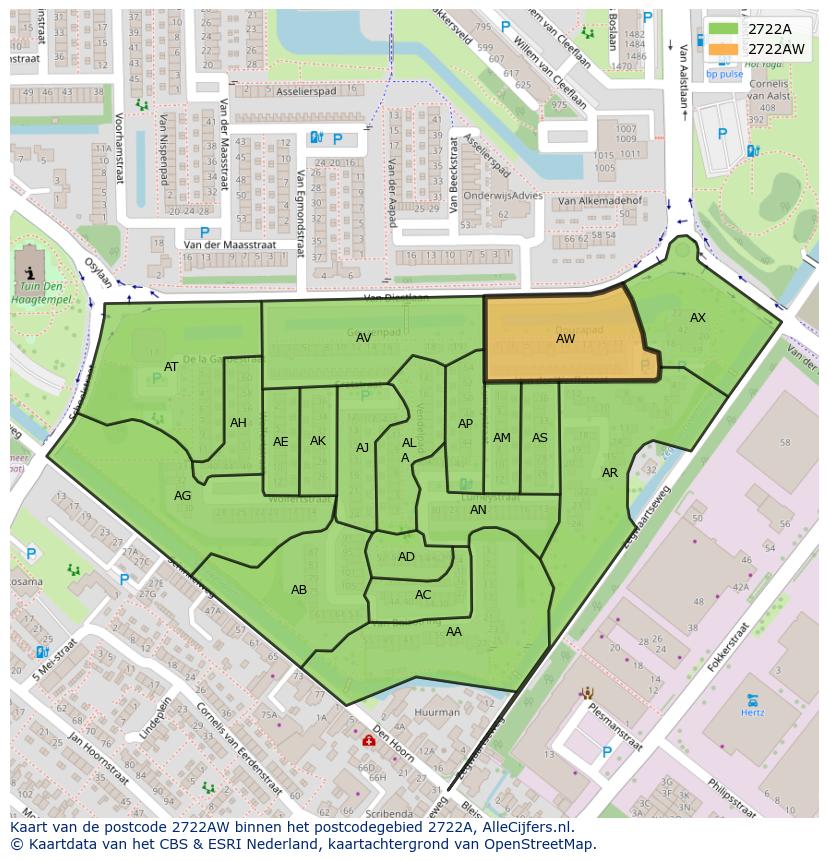 Afbeelding van het postcodegebied 2722 AW op de kaart.