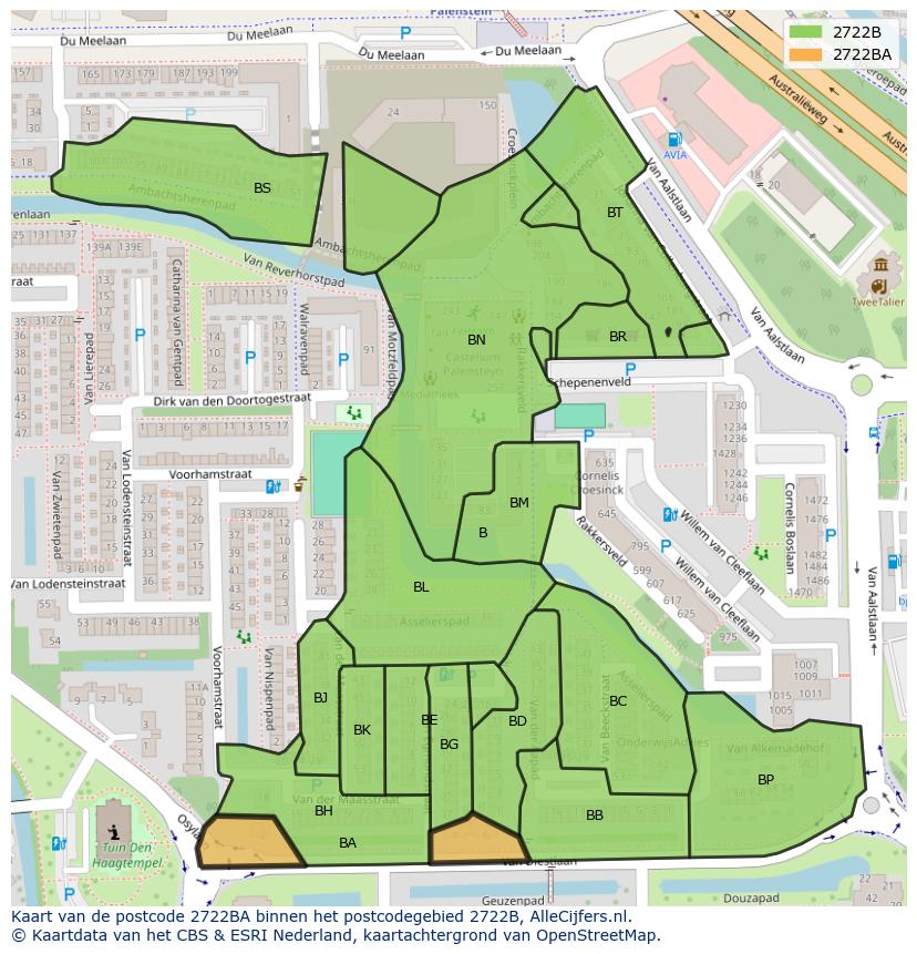 Afbeelding van het postcodegebied 2722 BA op de kaart.