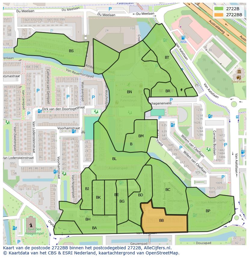 Afbeelding van het postcodegebied 2722 BB op de kaart.