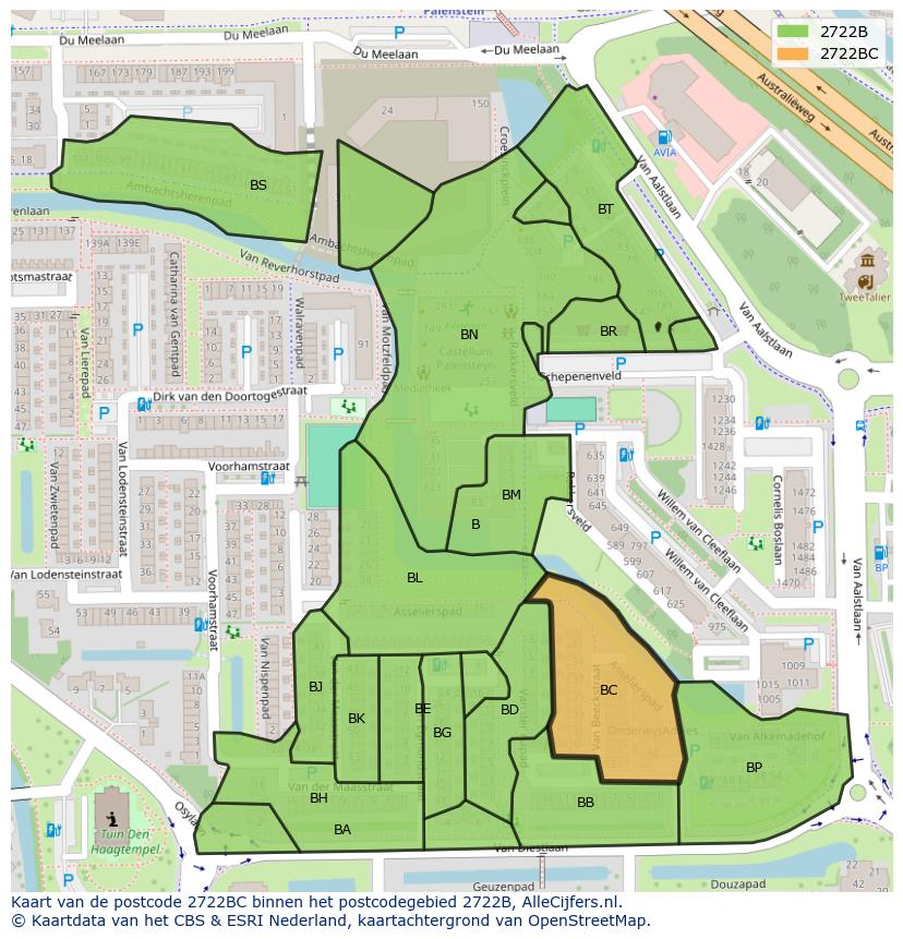 Afbeelding van het postcodegebied 2722 BC op de kaart.