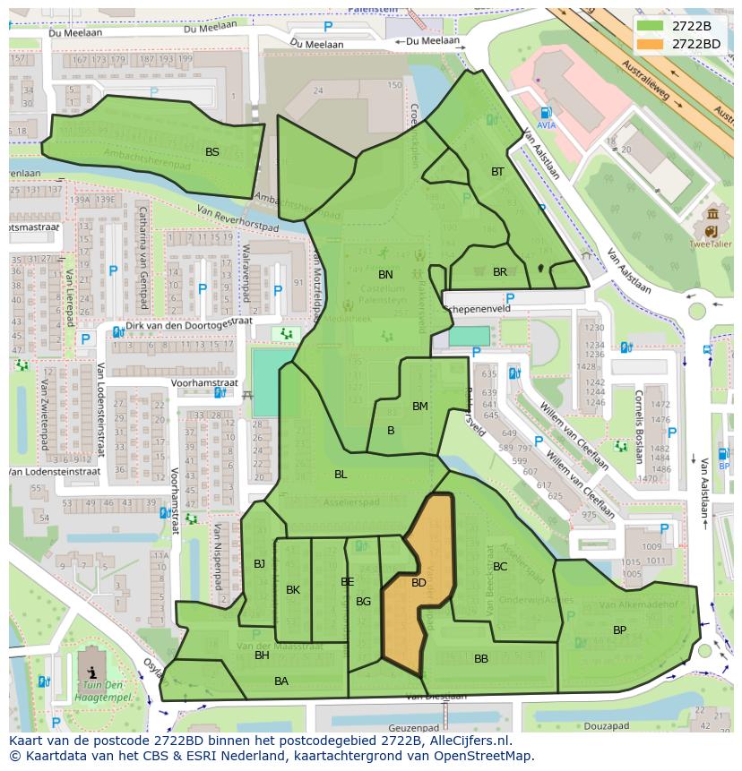 Afbeelding van het postcodegebied 2722 BD op de kaart.