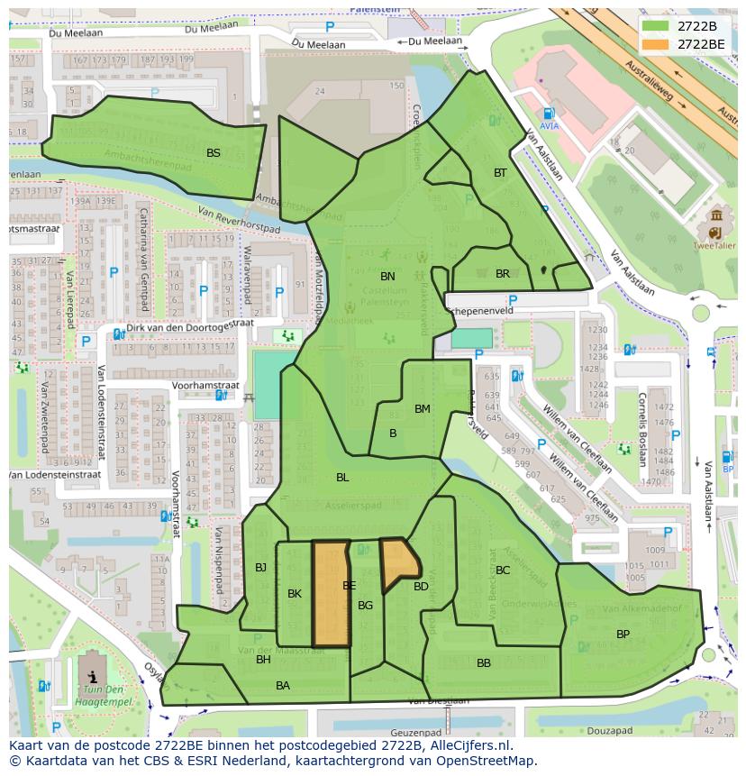 Afbeelding van het postcodegebied 2722 BE op de kaart.
