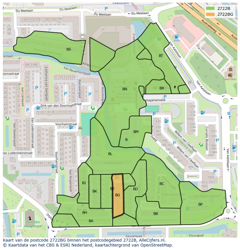 Afbeelding van het postcodegebied 2722 BG op de kaart.
