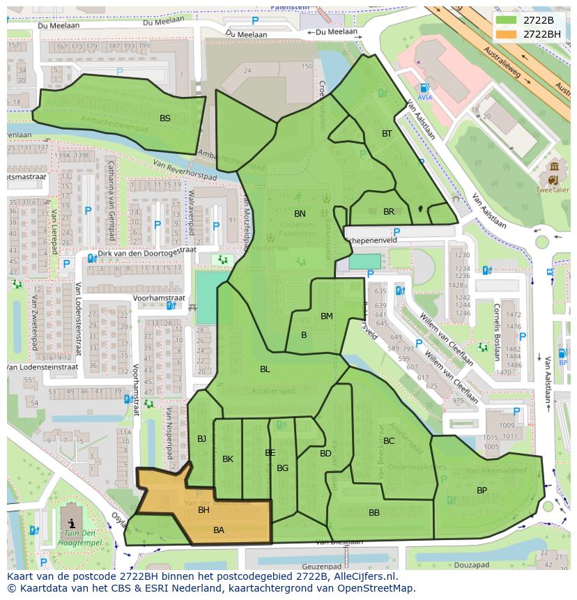 Afbeelding van het postcodegebied 2722 BH op de kaart.