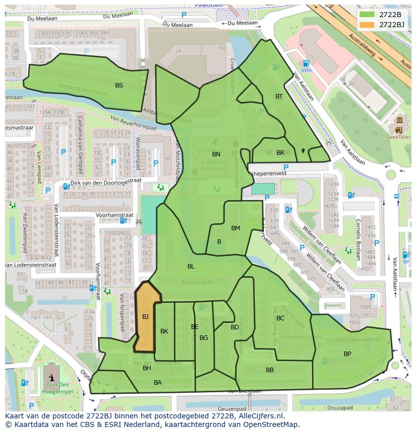 Afbeelding van het postcodegebied 2722 BJ op de kaart.