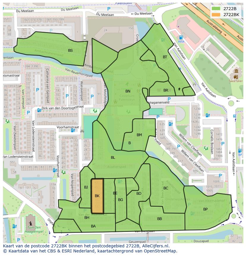 Afbeelding van het postcodegebied 2722 BK op de kaart.