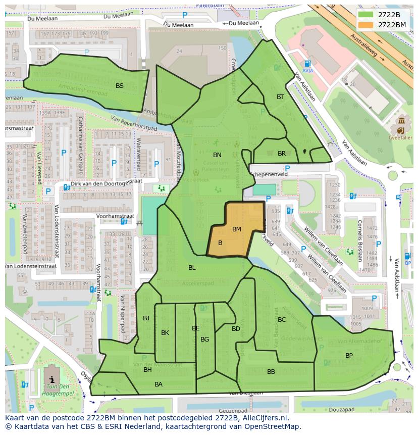 Afbeelding van het postcodegebied 2722 BM op de kaart.