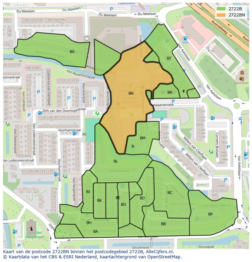 Afbeelding van het postcodegebied 2722 BN op de kaart.