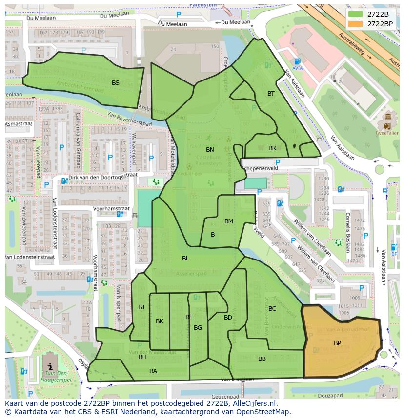Afbeelding van het postcodegebied 2722 BP op de kaart.