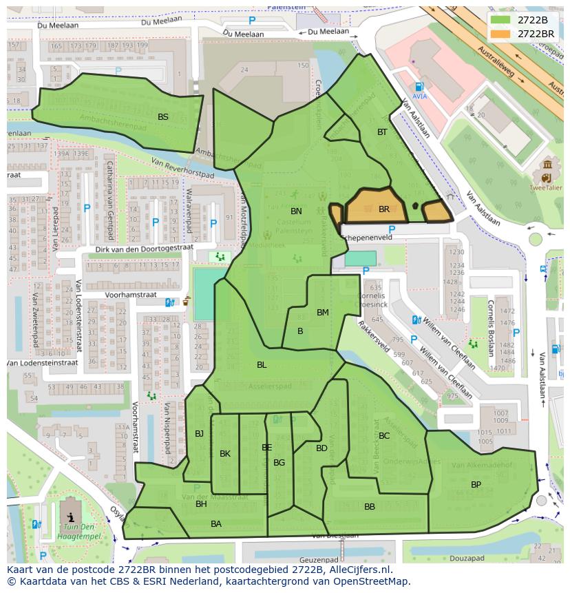 Afbeelding van het postcodegebied 2722 BR op de kaart.