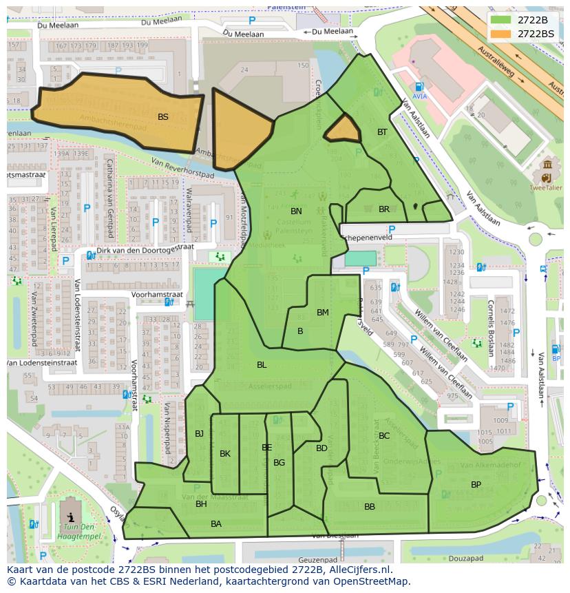 Afbeelding van het postcodegebied 2722 BS op de kaart.