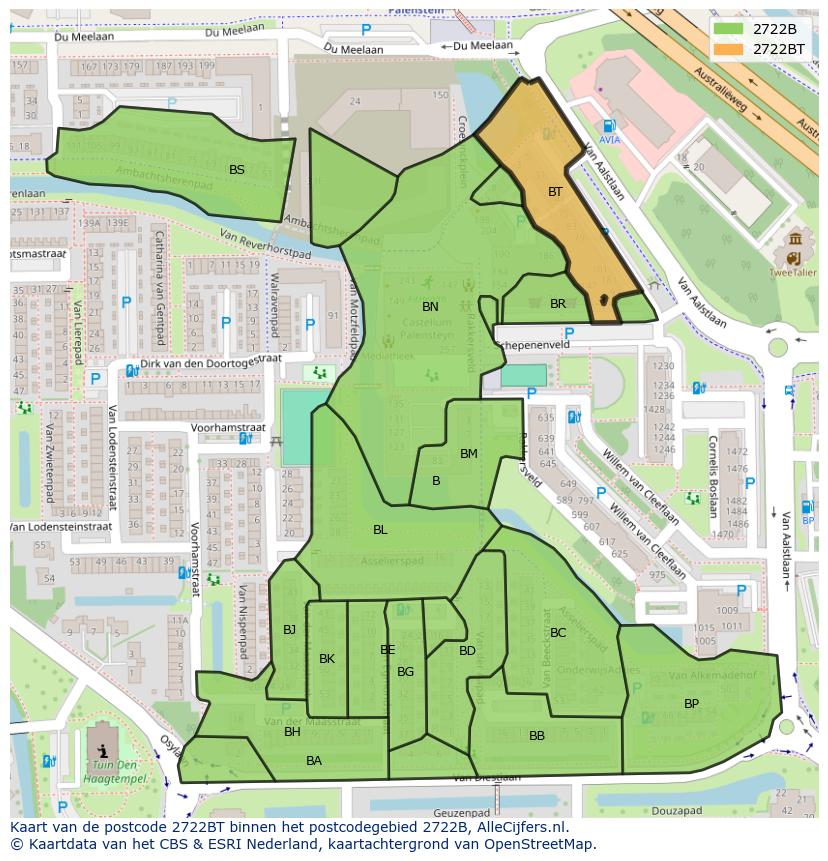 Afbeelding van het postcodegebied 2722 BT op de kaart.