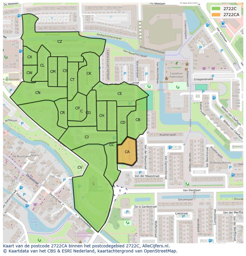 Afbeelding van het postcodegebied 2722 CA op de kaart.