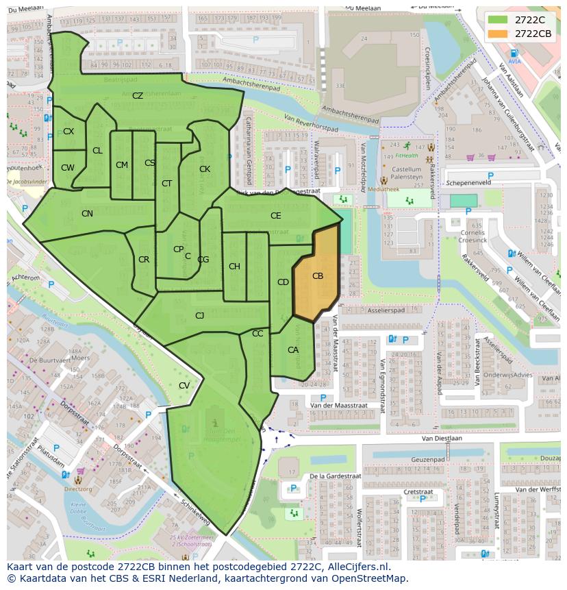 Afbeelding van het postcodegebied 2722 CB op de kaart.