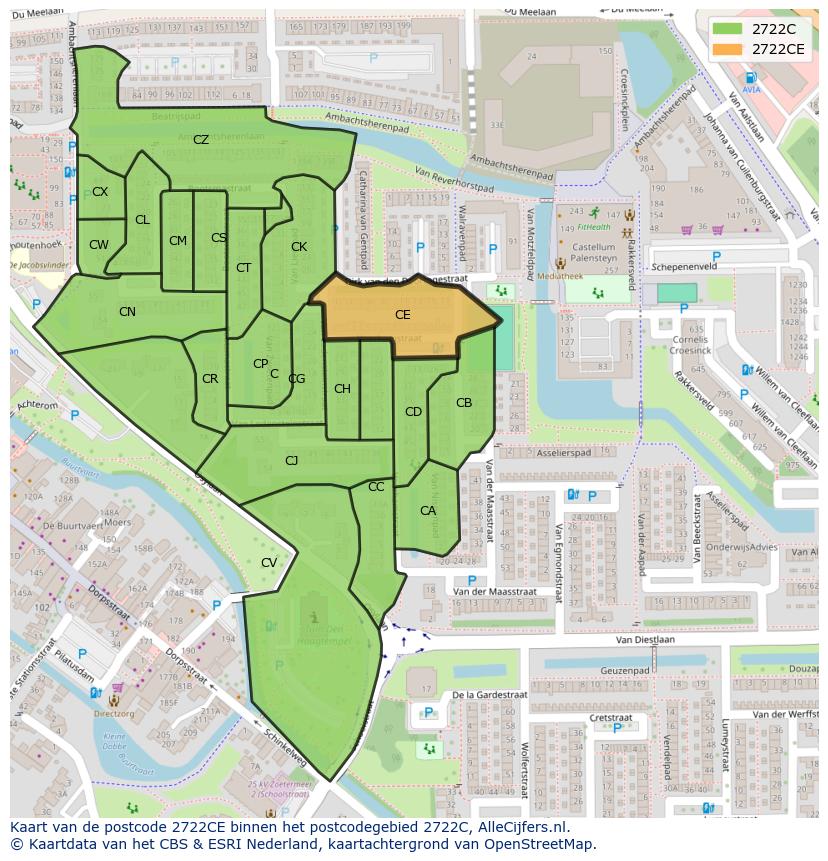 Afbeelding van het postcodegebied 2722 CE op de kaart.