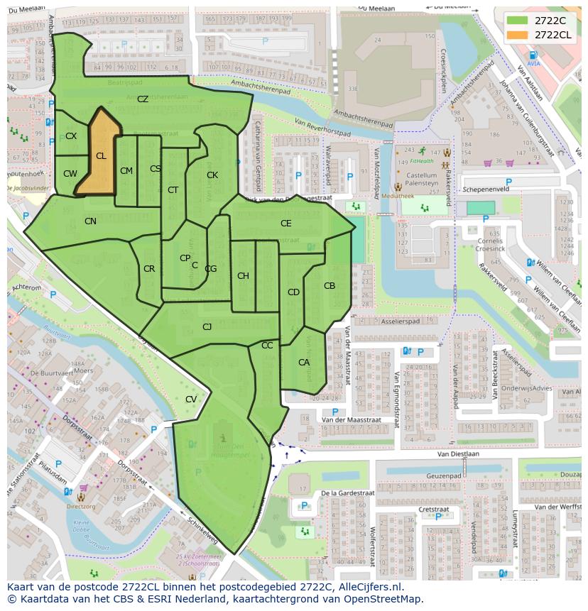 Afbeelding van het postcodegebied 2722 CL op de kaart.