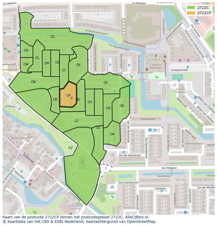 Afbeelding van het postcodegebied 2722 CP op de kaart.