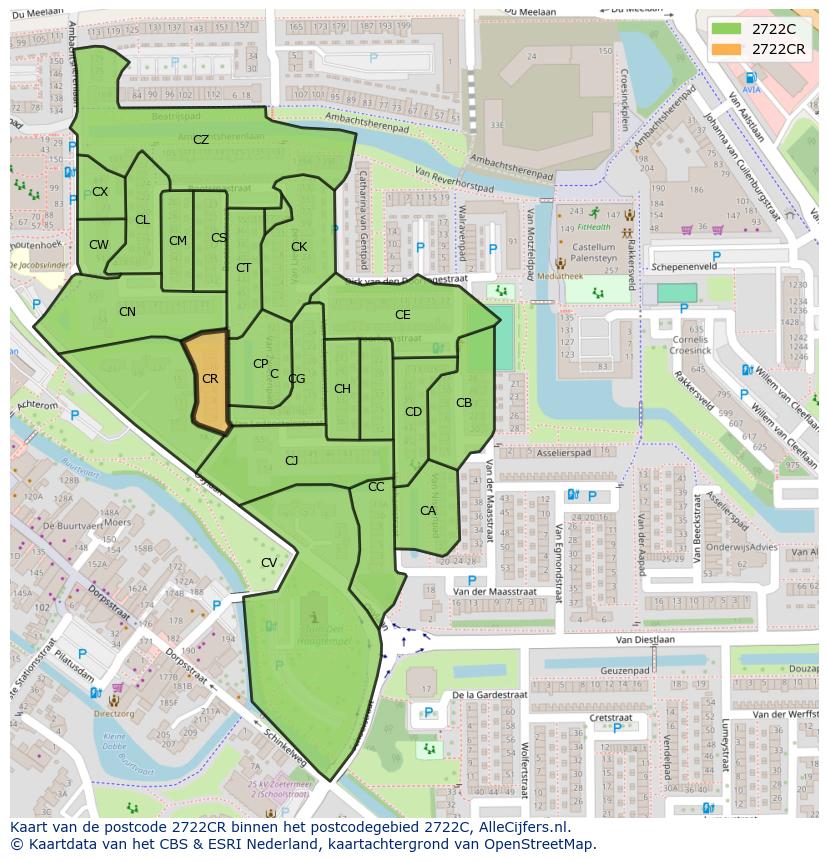 Afbeelding van het postcodegebied 2722 CR op de kaart.