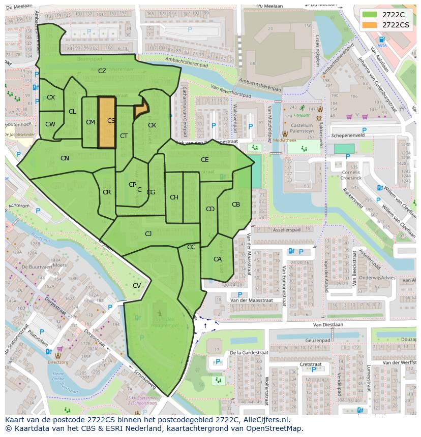 Afbeelding van het postcodegebied 2722 CS op de kaart.
