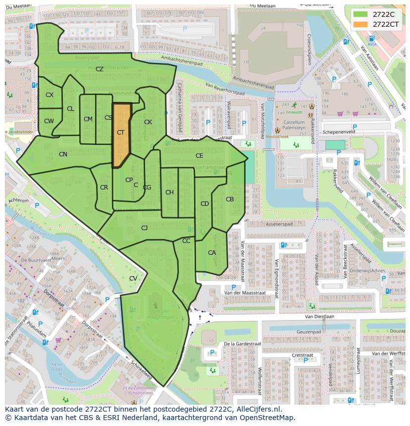 Afbeelding van het postcodegebied 2722 CT op de kaart.