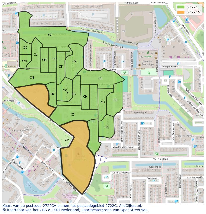 Afbeelding van het postcodegebied 2722 CV op de kaart.