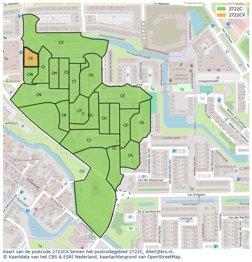 Afbeelding van het postcodegebied 2722 CX op de kaart.