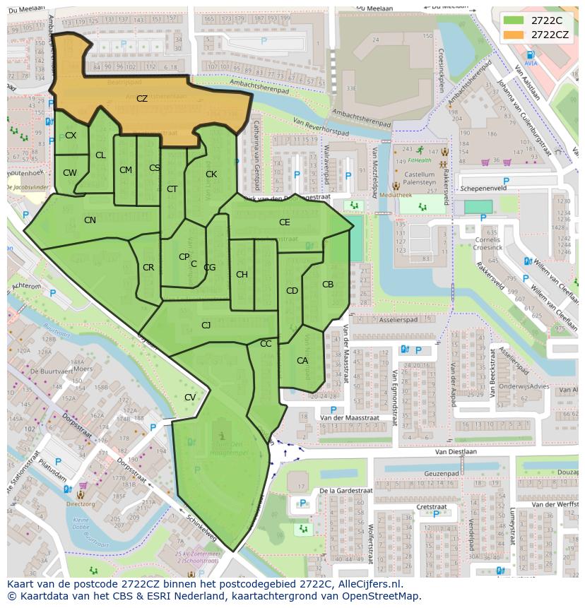 Afbeelding van het postcodegebied 2722 CZ op de kaart.