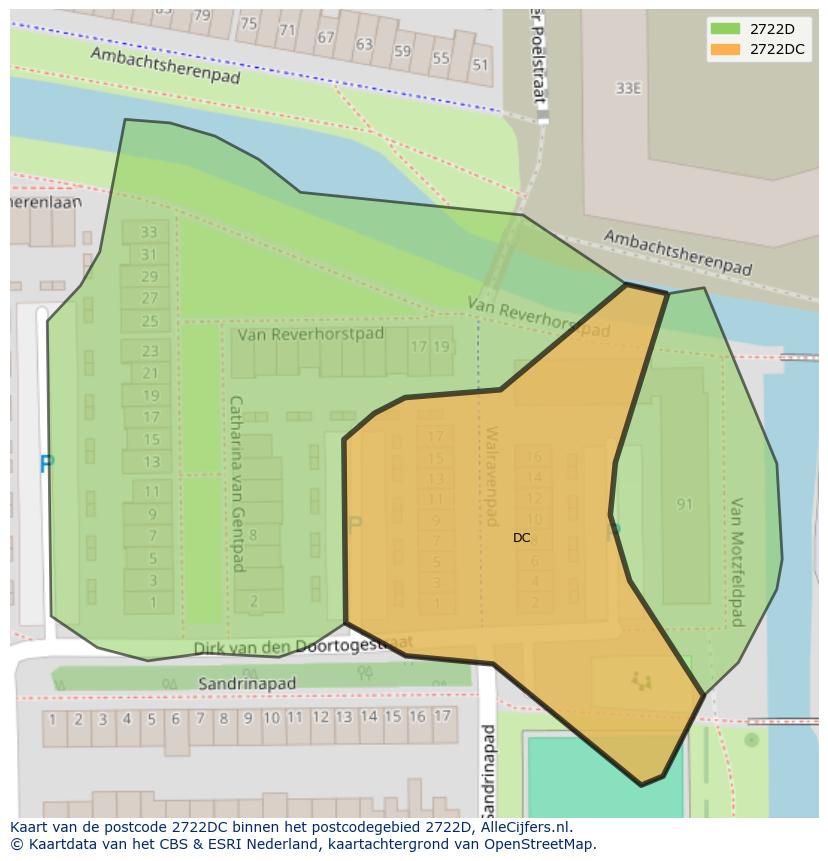 Afbeelding van het postcodegebied 2722 DC op de kaart.