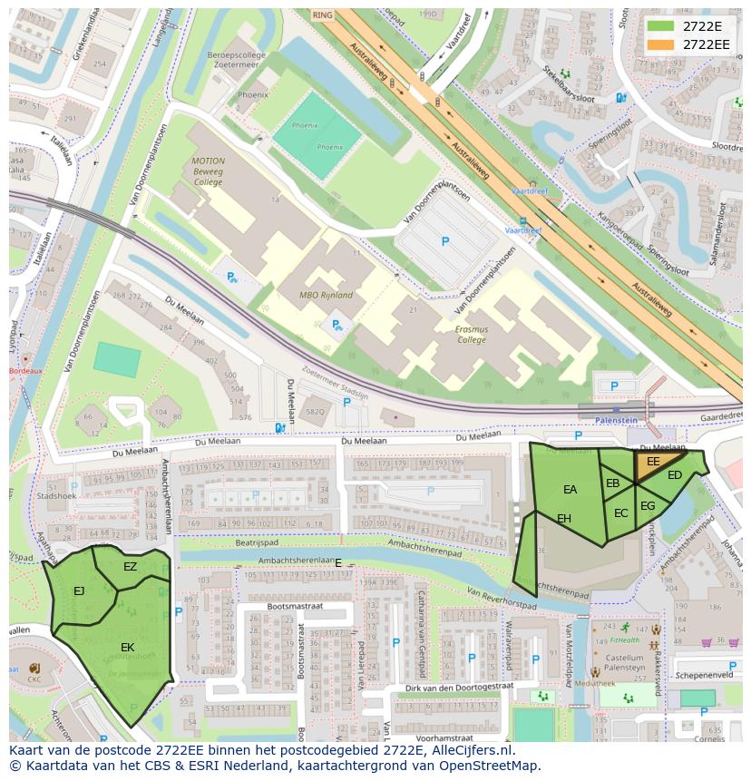 Afbeelding van het postcodegebied 2722 EE op de kaart.