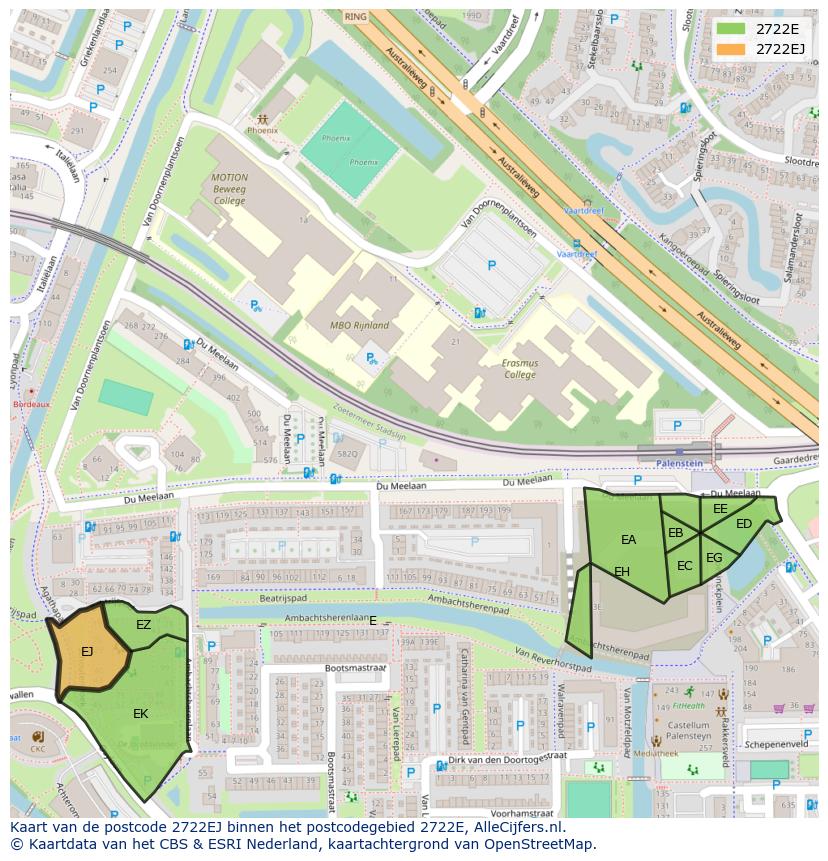 Afbeelding van het postcodegebied 2722 EJ op de kaart.
