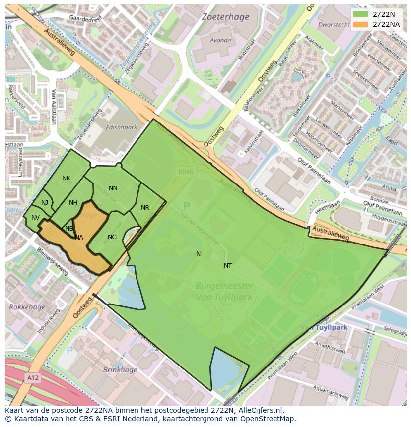 Afbeelding van het postcodegebied 2722 NA op de kaart.