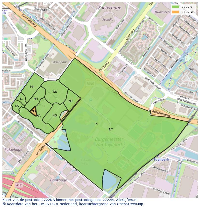 Afbeelding van het postcodegebied 2722 NB op de kaart.