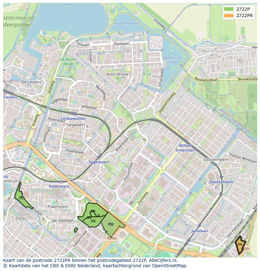 Afbeelding van het postcodegebied 2722 PA op de kaart.