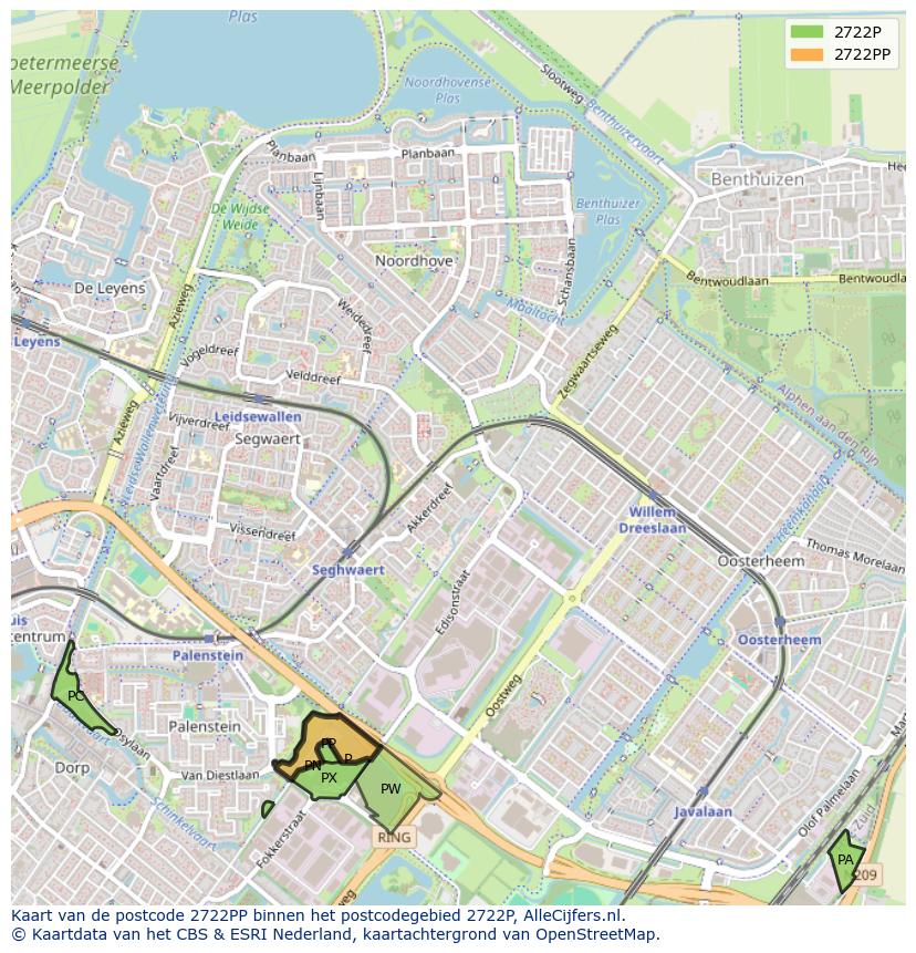 Afbeelding van het postcodegebied 2722 PP op de kaart.