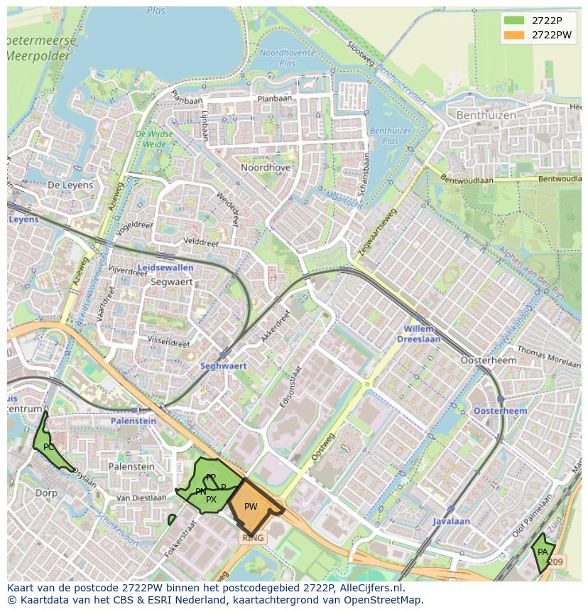Afbeelding van het postcodegebied 2722 PW op de kaart.