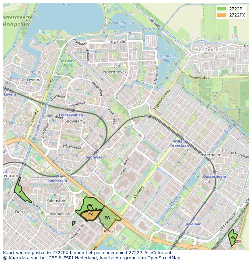 Afbeelding van het postcodegebied 2722 PX op de kaart.