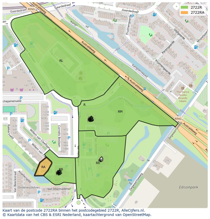 Afbeelding van het postcodegebied 2722 RA op de kaart.