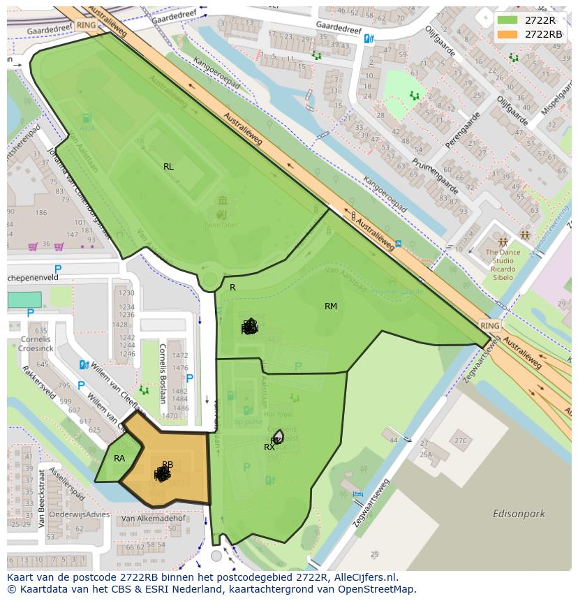 Afbeelding van het postcodegebied 2722 RB op de kaart.