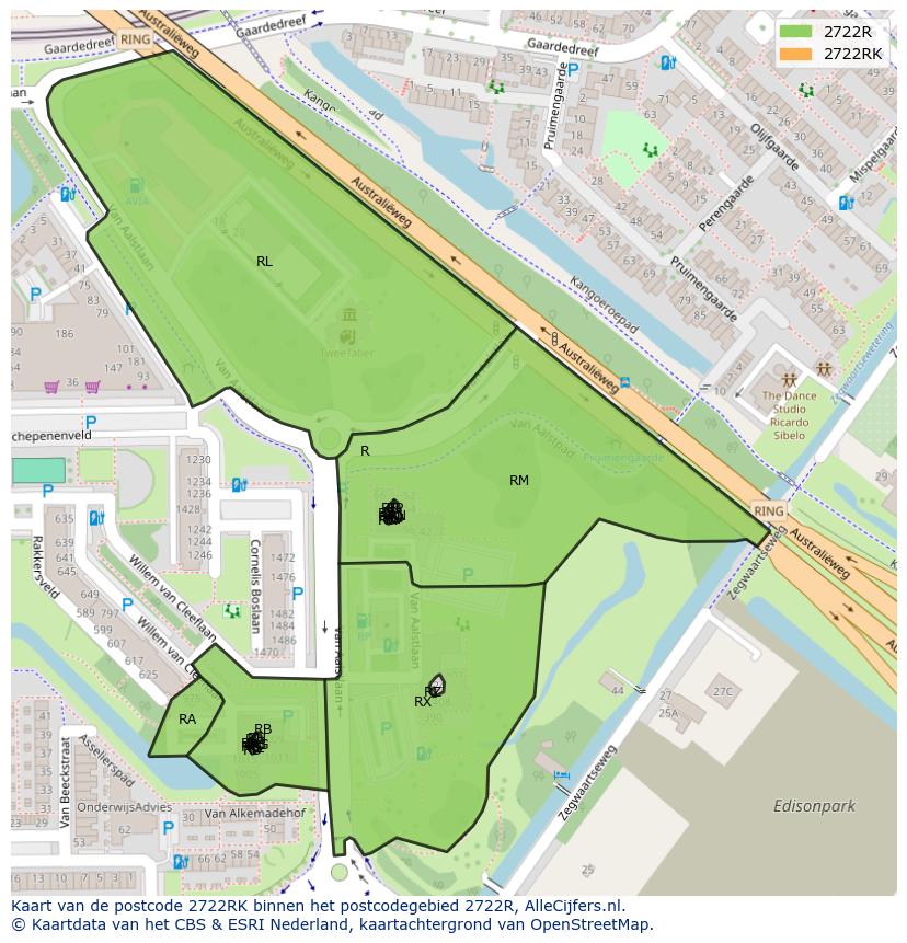 Afbeelding van het postcodegebied 2722 RK op de kaart.