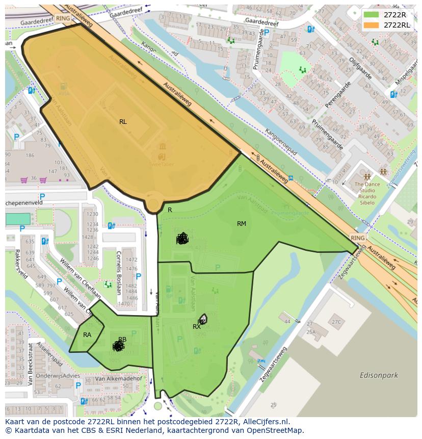 Afbeelding van het postcodegebied 2722 RL op de kaart.