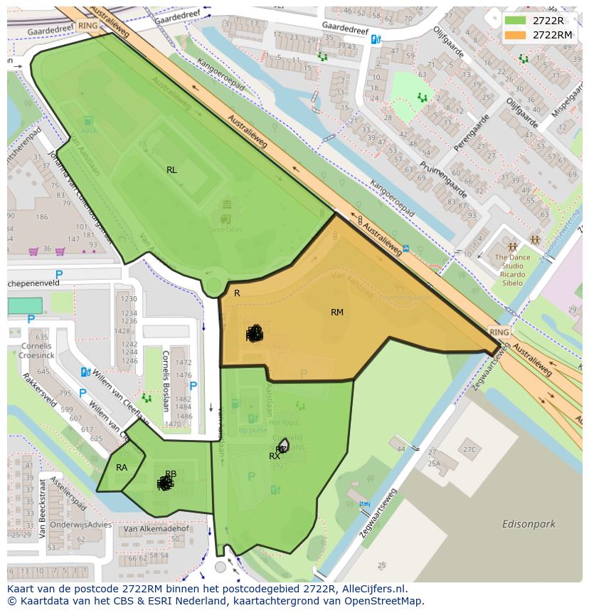 Afbeelding van het postcodegebied 2722 RM op de kaart.