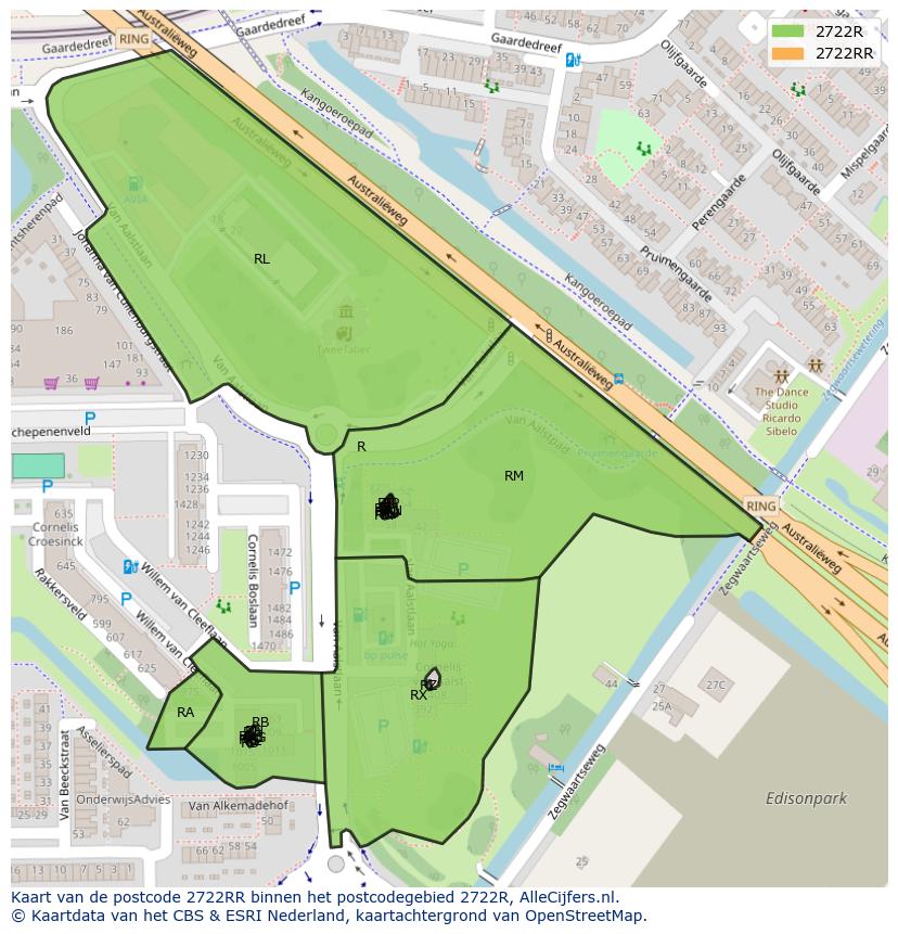 Afbeelding van het postcodegebied 2722 RR op de kaart.