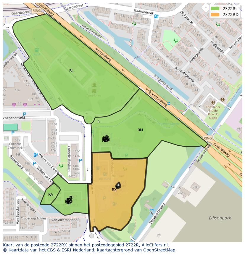 Afbeelding van het postcodegebied 2722 RX op de kaart.