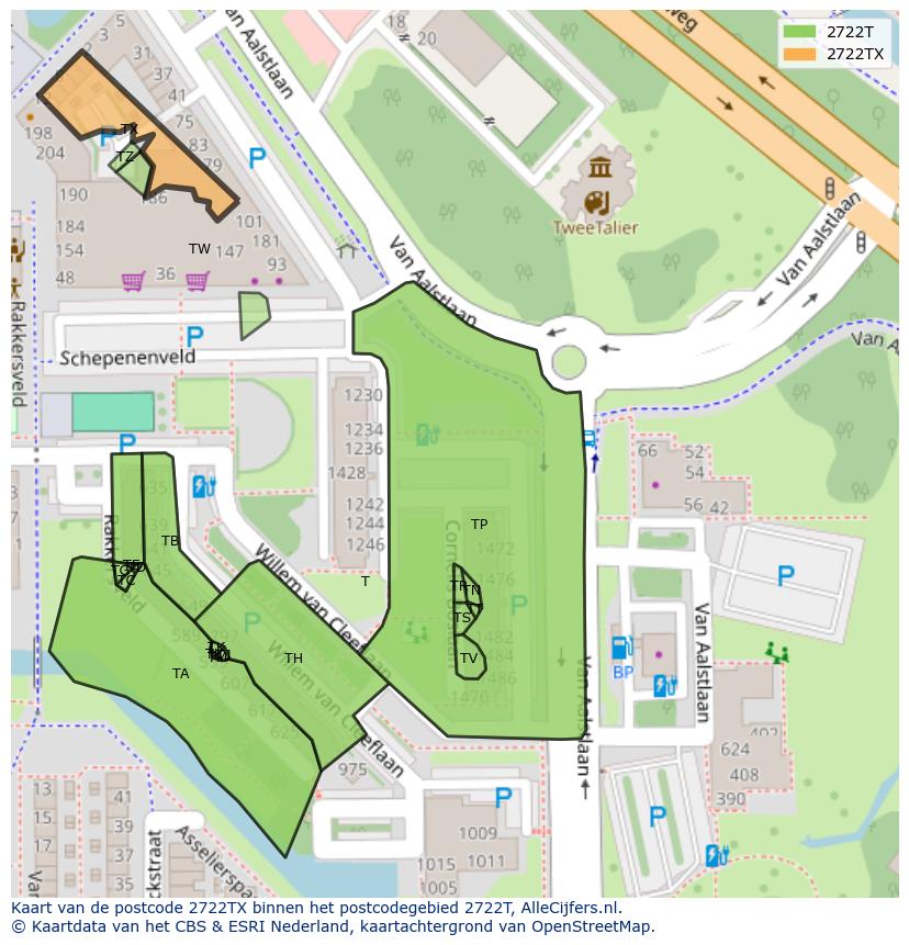Afbeelding van het postcodegebied 2722 TX op de kaart.